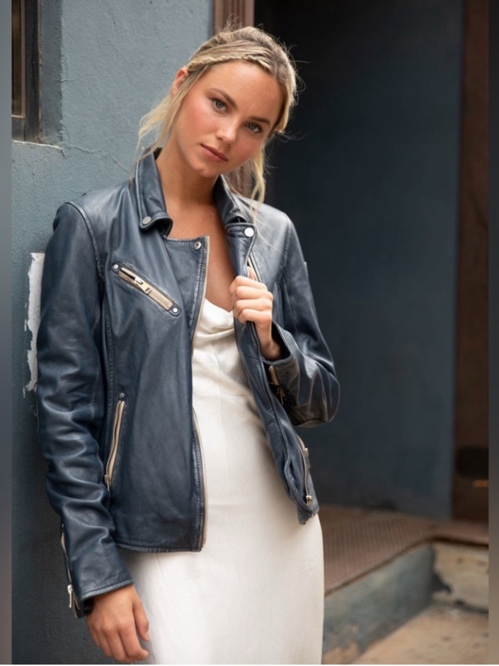 Mauritius Blue Black Leather Moto Jacket Sofia 4RF - Picture 16 of 16
